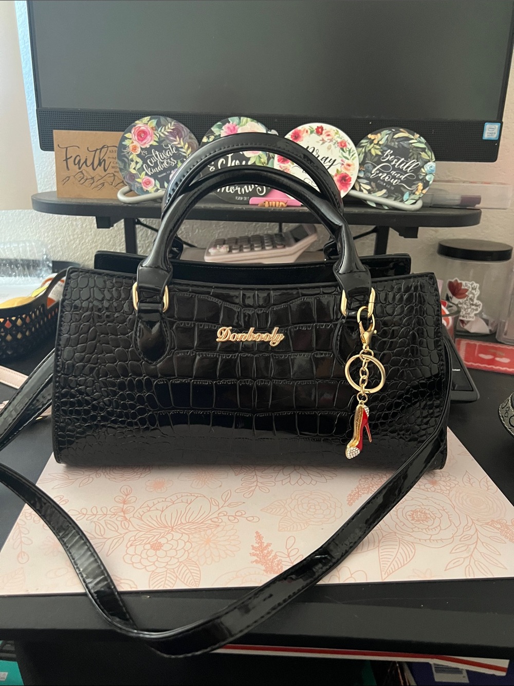 Dorothy Black Croc-Embossed Satchel with Gold Charm